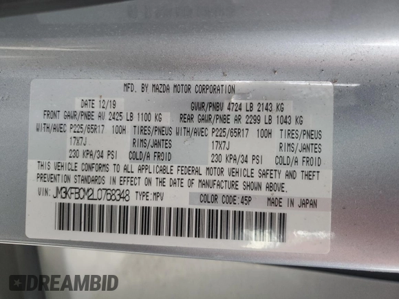 2020 Mazda CX-5 Touring z VIN JM3KFBCM2L0768348, wystawiony jako Copart lot #87813065 z przebiegiem Nie podano mil oraz Szkoda całkowita • Salvage title. Historia ofert i sprzedaży dostępna na DreamBid. Obrazek 16.
