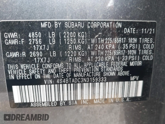 2022 Subaru Outback Premium z VIN 4S4BTADC3N3159333, wystawiony jako IAAI lot #42456090 z przebiegiem 57 861 mil mil oraz . Historia ofert i sprzedaży dostępna na DreamBid. Obrazek 9.