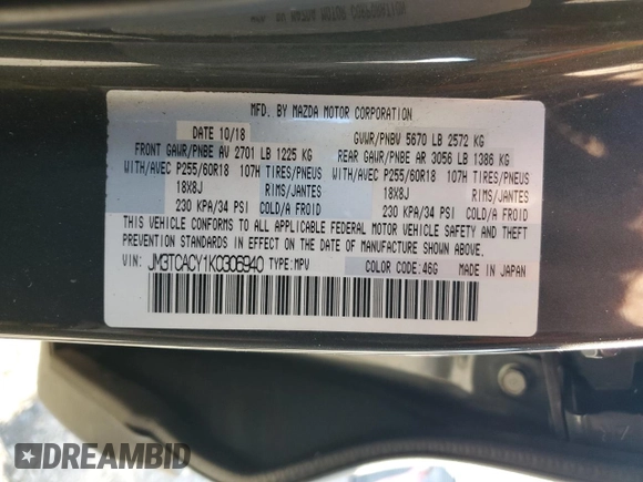 2019 Mazda CX-9 Touring with VIN JM3TCACY1K0306940, listed as a Copart auction lot 42834675 with 99,892 mi miles and Salvage Title. Bid and sale history available at carsss.com. Image 14.