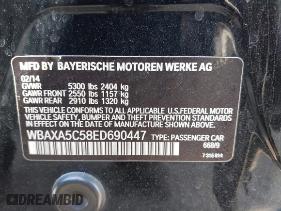 2014 BMW 5 Series 535d with VIN WBAXA5C58ED690447, listed as a IAAI auction lot 41577468 with 149,080 mi miles and . Bid and sale history available at carsss.com. Image 9.