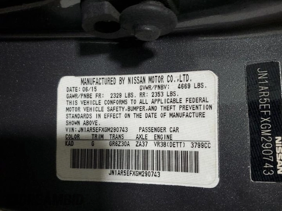 2016 Nissan GT-R Premium z VIN JN1AR5EFXGM290743, wystawiony jako Copart lot #75346334 z przebiegiem 34 358 mil mil oraz Szkody całkowita. Historia ofert i sprzedaży dostępna na DreamBid. Obrazek 13.