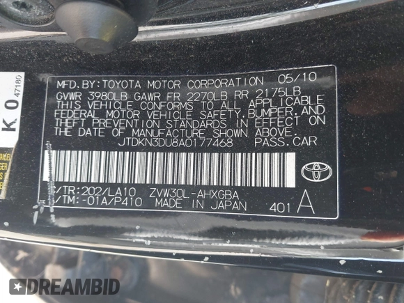 2010 Toyota Prius II with VIN JTDKN3DU8A0177468, listed as a IAAI auction lot 42231956 with 235,419 mi miles and . Bid and sale history available at DreamBid. Image 9.