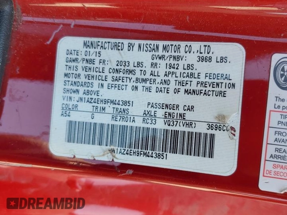 2015 Nissan 370Z Sport with VIN JN1AZ4EH9FM443851, listed as a Copart auction lot 42429035 with 116,411 mi miles and Clean Title. Bid and sale history available at carsss.com. Image 14.