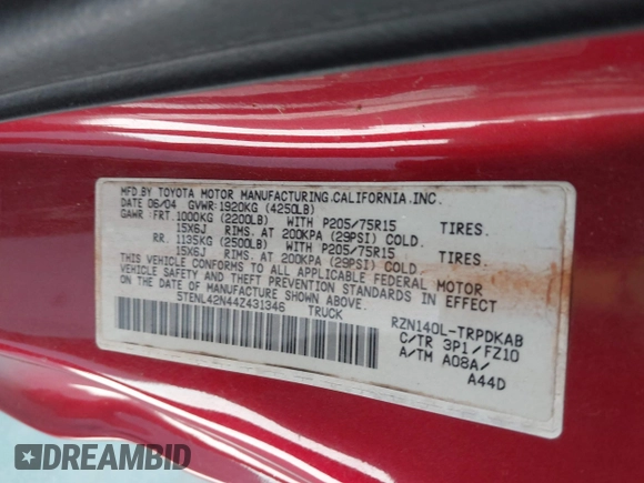 2004 Toyota Tacoma with VIN 5TENL42N44Z431346, listed as a IAAI auction lot 42040684 with 222,798 mi miles and . Bid and sale history available at DreamBid. Image 9.