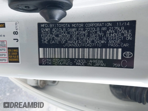 2015 Toyota Prius Four with VIN JTDKN3DU1F0427110, listed as a IAAI auction lot 41666164 with 110,782 mi miles. Bid and sale history available at carsss.com. Image 9.