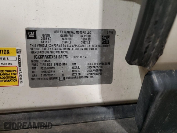 2014 GMC Acadia SLT with VIN 1GKKRRKDXEJ131073, listed as a Copart auction lot 51473725 with 132,305 mi miles and Salvage Title. Bid and sale history available at DreamBid. Image 13.