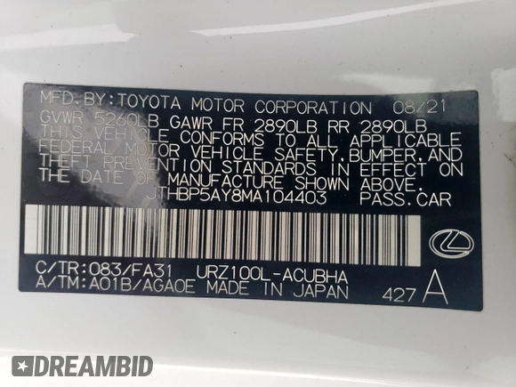 2021 Lexus LC 500h with VIN JTHBP5AY8MA104403, listed as a Copart auction lot 59272235 with 14,425 mi miles and Salvage title. Bid and sale history available at DreamBid. Image 13.