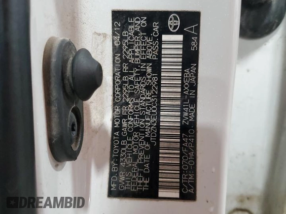 2012 Toyota Prius Two with VIN JTDZN3EU0C3122981, listed as a Copart auction lot 54251065 with 151,592 mi miles and Non Repairable. Bid and sale history available at DreamBid. Image 13.