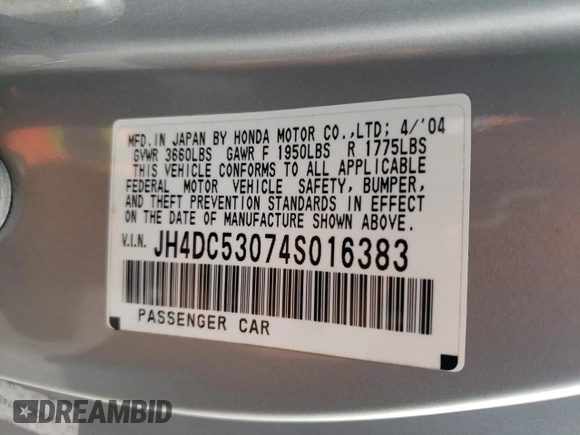 2004 Acura RSX Type S с VIN JH4DC53074S016383, выставлен на аукционе Copart как лот 58538545 с пробегом 210 077 миль миль и Списание • Salvage title. История ставок и продаж доступна на DreamBid. Изображение 12.