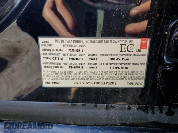 2014 Tesla Model S 60 z VIN 5YJSA1H10EFP35319, wystawiony jako Copart lot #53868745 z przebiegiem 209 424 mil mil oraz Szkoda całkowita • Salvage title. Historia ofert i sprzedaży dostępna na DreamBid. Obrazek 12.