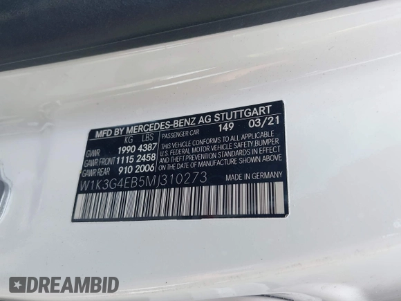 2021 Mercedes-Benz A 220 with VIN W1K3G4EB5MJ310273, listed as a IAAI auction lot 42116311 with Not provided miles and . Bid and sale history available at DreamBid. Image 9.