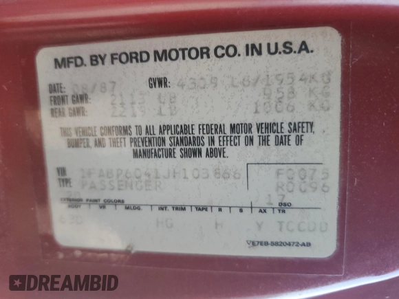1988 Ford Thunderbird with VIN 1FABP6041JH103866, listed as a Copart auction lot 51694165 with 94,935 mi miles and Salvage Title. Bid and sale history available at carsss.com. Image 14.
