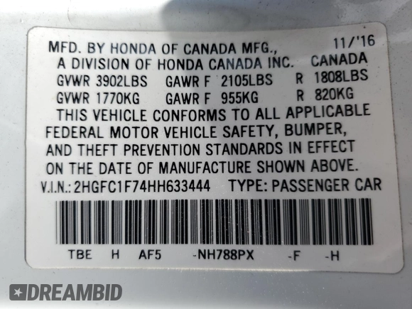 2017 Honda Civic Sedan EX-L with VIN 2HGFC1F74HH633444, listed as a Copart auction lot 48057565 with 100,007 mi miles and Salvage Title. Bid and sale history available at carsss.com. Image 14.