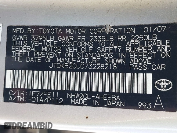 2007 Toyota Prius with VIN JTDKB20U073228218, listed as a IAAI auction lot 42677471 with 243,239 mi miles and . Bid and sale history available at DreamBid. Image 9.