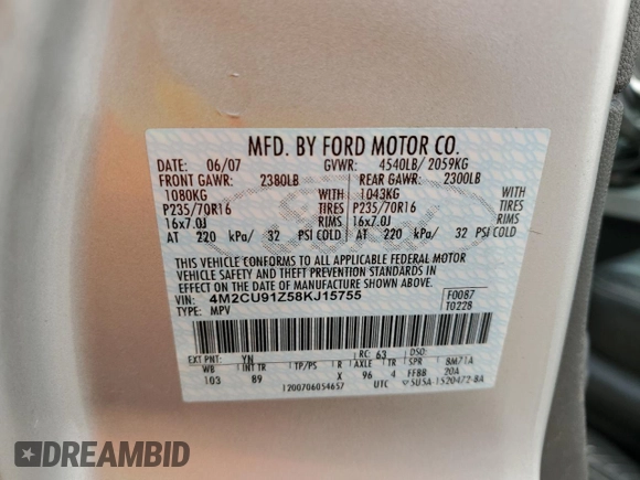 2008 Mercury Mariner with VIN 4M2CU91Z58KJ15755, listed as a Copart auction lot 50168565 with 130,883 mi miles and Salvage Title. Bid and sale history available at carsss.com. Image 15.