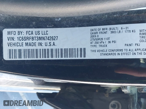 2021 Ram 1500 Big Horn with VIN 1C6SRFBT3MN742627, listed as a IAAI auction lot 41900770 with 52,006 mi miles and . Bid and sale history available at DreamBid. Image 9.