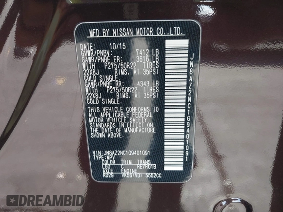 2016 Infiniti QX80 with VIN JN8AZ2NC1G9401091, listed as a IAAI auction lot 42497807 with 77,179 mi miles and . Bid and sale history available at DreamBid. Image 9.