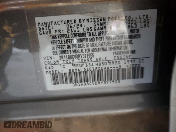 2024 Nissan Sentra SV с VIN 3N1AB8CV0RY377955, выставлен на аукционе Copart как лот 58603515 с пробегом 16 062 миль миль и Списание • Salvage title. История ставок и продаж доступна на DreamBid. Изображение 12.