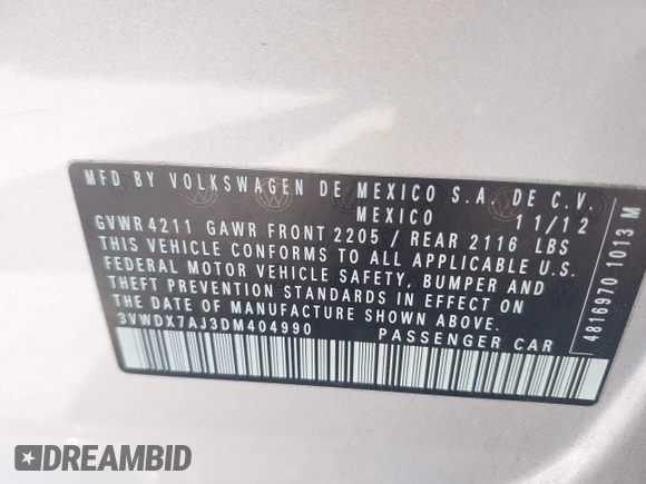 2013 Volkswagen Jetta SE with VIN 3VWDX7AJ3DM404990, listed as a IAAI auction lot 42584934 with 164,126 mi miles and . Bid and sale history available at DreamBid. Image 9.