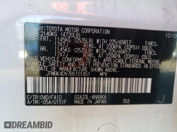 2011 Toyota RAV4 with VIN JTMBK4DV7B5101851, listed as a Copart auction lot 86580654 with 189,061 mi miles and Salvage Title. Bid and sale history available at carsss.com. Image 15.