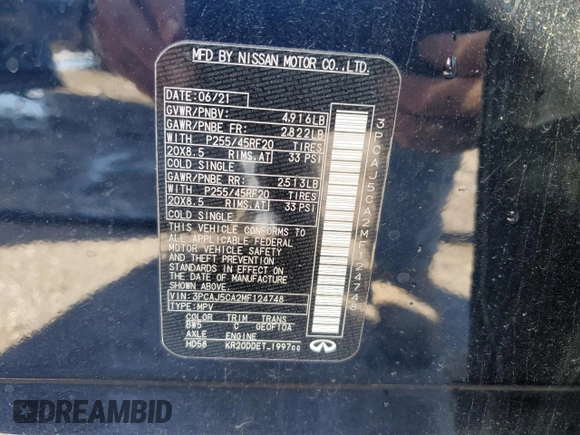 2021 Infiniti QX50 Essential с VIN 3PCAJ5CA2MF124748, выставлен на аукционе Copart как лот 81539814 с пробегом 34 565 миль миль и Списание • Salvage title. История ставок и продаж доступна на DreamBid. Изображение 13.