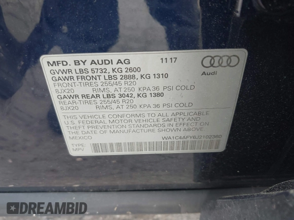 2018 Audi SQ5 Prestige with VIN WA1C4AFY6J2102360, listed as a IAAI auction lot 42302257 with 74,421 mi miles and . Bid and sale history available at DreamBid. Image 9.
