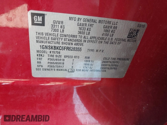 2015 Chevrolet Tahoe LT with VIN 1GNSKBKC6FR628355, listed as a IAAI auction lot 42159743 with 95,730 mi miles and . Bid and sale history available at DreamBid. Image 9.