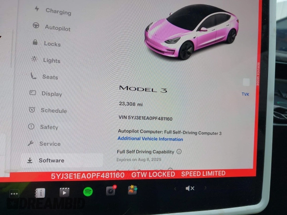 2023 Tesla Model 3 z VIN 5YJ3E1EA0PF481160, wystawiony jako IAAI lot #42704086 z przebiegiem 23 308 mil mil oraz . Historia ofert i sprzedaży dostępna na DreamBid. Obrazek 7.