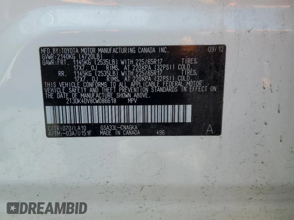 2012 Toyota RAV4 Limited with VIN 2T3DK4DV8CW086618, listed as a Copart auction lot 57051975 with 98,359 mi miles and Salvage title. Bid and sale history available at DreamBid. Image 13.