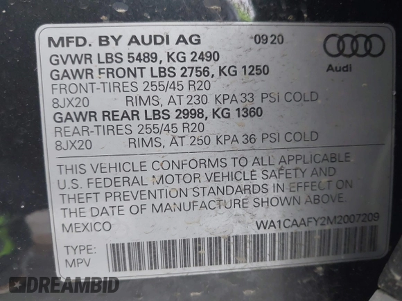 2021 Audi Q5 Prestige with VIN WA1CAAFY2M2007209, listed as a IAAI auction lot 41549634 with 41,677 mi miles. Bid and sale history available at carsss.com. Image 9.