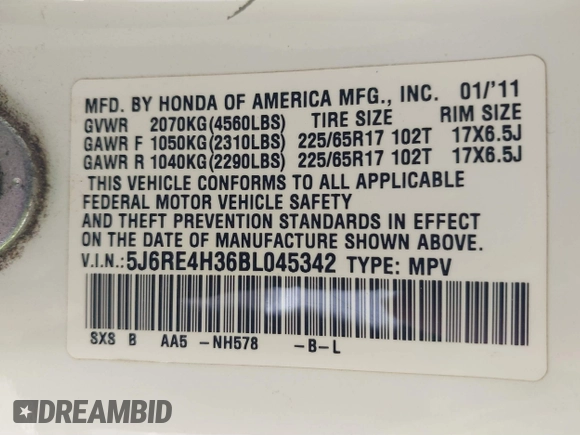 2011 Honda CR-V LX with VIN 5J6RE4H36BL045342, listed as a IAAI auction lot 41892492 with 114,027 mi miles. Bid and sale history available at carsss.com. Image 9.