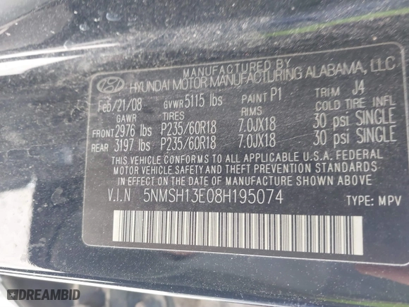 2008 Hyundai Santa Fe SE with VIN 5NMSH13E08H195074, listed as a IAAI auction lot 41745066 with 135,180 mi miles. Bid and sale history available at carsss.com. Image 9.