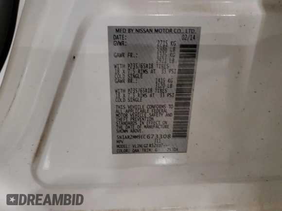 2014 Nissan Pathfinder SL with VIN 5N1AR2MM9EC673308, listed as a Copart auction lot 58122245 with 114,934 mi miles and Salvage title. Bid and sale history available at DreamBid. Image 13.