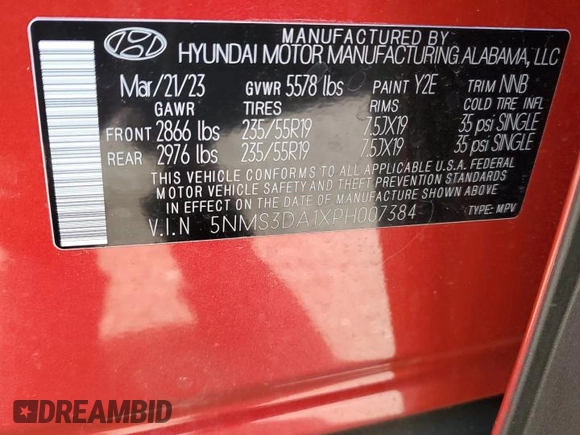 2023 Hyundai Santa Fe Hybrid SEL Premium with VIN 5NMS3DA1XPH007384, listed as a Copart auction lot 82157514 with 20,149 mi miles and Salvage Title. Bid and sale history available at carsss.com. Image 13.