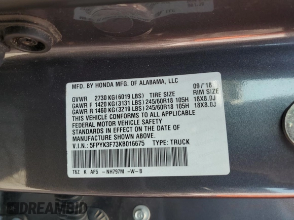 2019 Honda Ridgeline RTL-E with VIN 5FPYK3F73KB016675, listed as a Copart auction lot 55340905 with 69,571 mi miles and Salvage title. Bid and sale history available at DreamBid. Image 12.