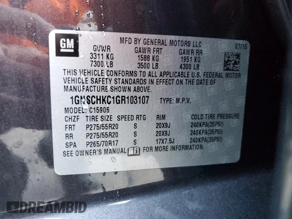 2016 Chevrolet Suburban LT with VIN 1GNSCHKC1GR103107, listed as a Copart auction lot 82763174 with 71,265 mi miles and Clean Title. Bid and sale history available at carsss.com. Image 14.