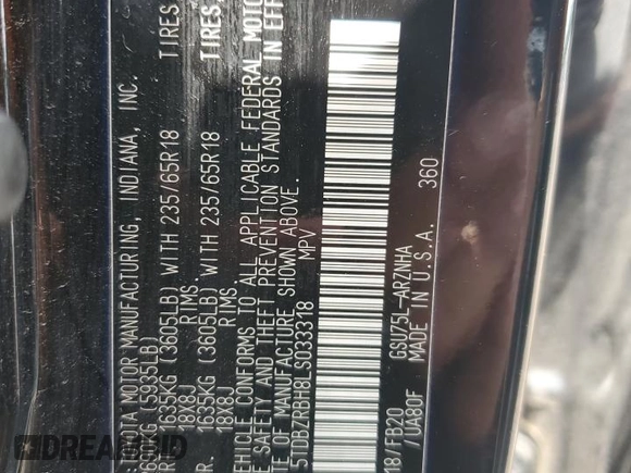 2020 Toyota Highlander LE with VIN 5TDBZRBH8LS033318, listed as a Copart auction lot 62912405 with 69,525 mi miles and Salvage title. Bid and sale history available at DreamBid. Image 13.