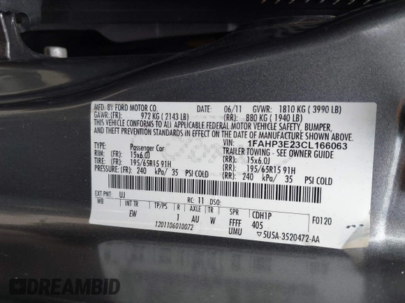 2012 Ford Focus S with VIN 1FAHP3E23CL166063, listed as a IAAI auction lot 40716406 with 191,392 mi miles and . Bid and sale history available at DreamBid. Image 9.