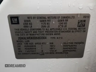 2013 GMC Terrain SLT with VIN 2GKALWEK6D6363364, listed as a Copart auction lot 51697745 with 114,149 mi miles and Salvage title. Bid and sale history available at DreamBid. Image 13.