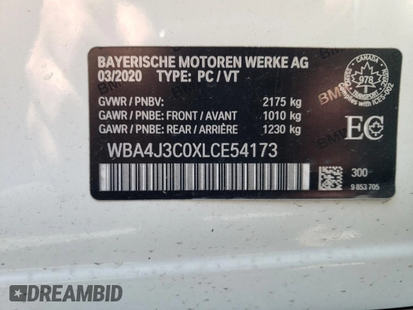 2020 BMW 4 Series 430i xDrive with VIN WBA4J3C0XLCE54173, listed as a Copart auction lot 56389825 with Not provided miles and Salvage title. Bid and sale history available at DreamBid. Image 13.