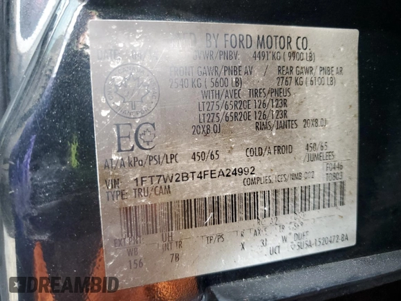 2015 Ford F-250 Lariat with VIN 1FT7W2BT4FEA24992, listed as a Copart auction lot 57040065 with 151,573 mi miles and Salvage title. Bid and sale history available at DreamBid. Image 12.