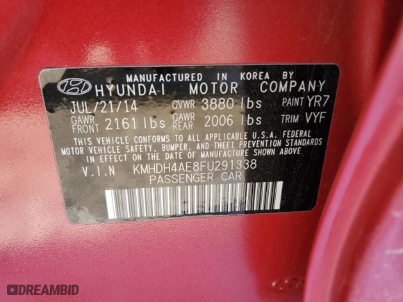 2015 Hyundai Elantra Limited with VIN KMHDH4AE8FU291338, listed as a Copart auction lot 87076114 with 56,494 mi miles and Salvage Title. Bid and sale history available at carsss.com. Image 12.