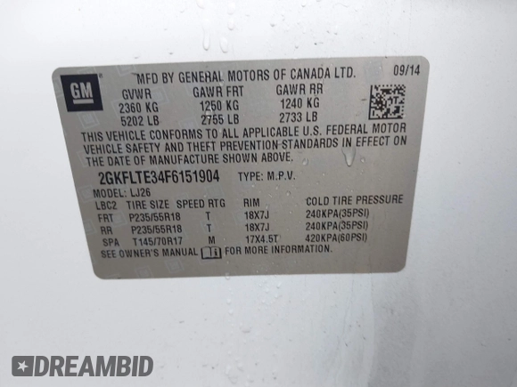 2015 GMC Terrain SLT with VIN 2GKFLTE34F6151904, listed as a IAAI auction lot 41141439 with 171,995 mi miles and . Bid and sale history available at DreamBid. Image 9.