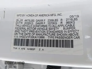 2019 Honda Accord Sport with VIN 1HGCV1F33KA113896, listed as a IAAI auction lot 41961776 with 92,248 mi miles and . Bid and sale history available at DreamBid. Image 9.