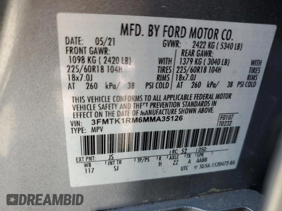 2021 Ford Mustang Mach-E Select z VIN 3FMTK1RM6MMA35126, wystawiony jako Copart lot #53079275 z przebiegiem Nie podano mil oraz Czysty tytuł • Clean title. Historia ofert i sprzedaży dostępna na DreamBid. Obrazek 13.