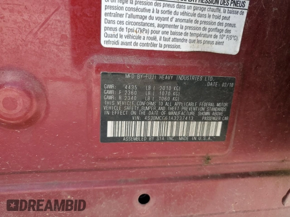 2010 Subaru Legacy Premium All-Weather Anniversary with VIN 4S3BMCG61A3237413, listed as a Copart auction lot 59205785 with 276,668 mi miles and Salvage title. Bid and sale history available at DreamBid. Image 13.