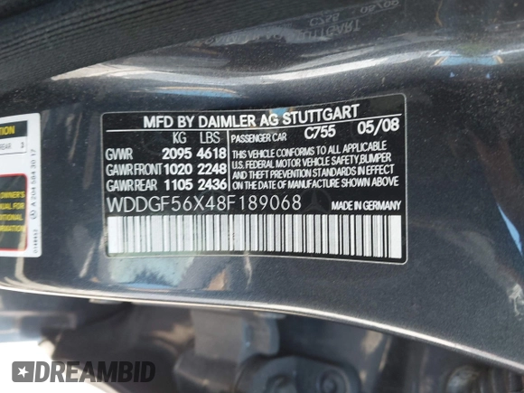 2008 Mercedes-Benz C 350 Sport with VIN WDDGF56X48F189068, listed as a IAAI auction lot 42819231 with 213,779 mi miles and . Bid and sale history available at DreamBid. Image 9.