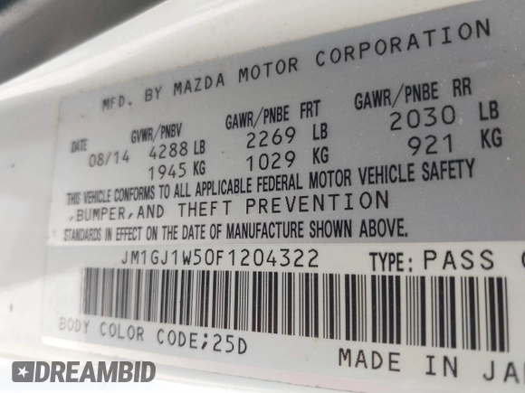 2015 Mazda 6 i Grand Touring with VIN JM1GJ1W50F1204322, listed as a IAAI auction lot 40694216 with 141,357 mi miles. Bid and sale history available at carsss.com. Image 9.