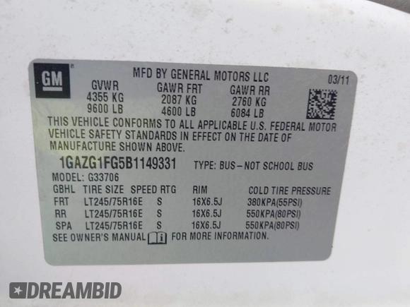 2011 Chevrolet Express Passenger 1LT with VIN 1GAZG1FG5B1149331, listed as a IAAI auction lot 42550417 with 132,390 mi miles and . Bid and sale history available at DreamBid. Image 9.