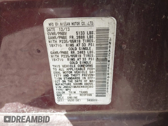 2014 Nissan Murano SV with VIN JN8AZ1MU6EW408380, listed as a IAAI auction lot 41139871 with 254,159 mi miles and . Bid and sale history available at DreamBid. Image 9.